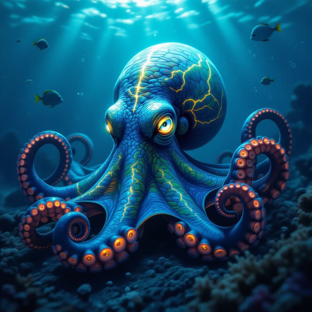 Iridescent Octopus with Glowing Veins in Deep Sea