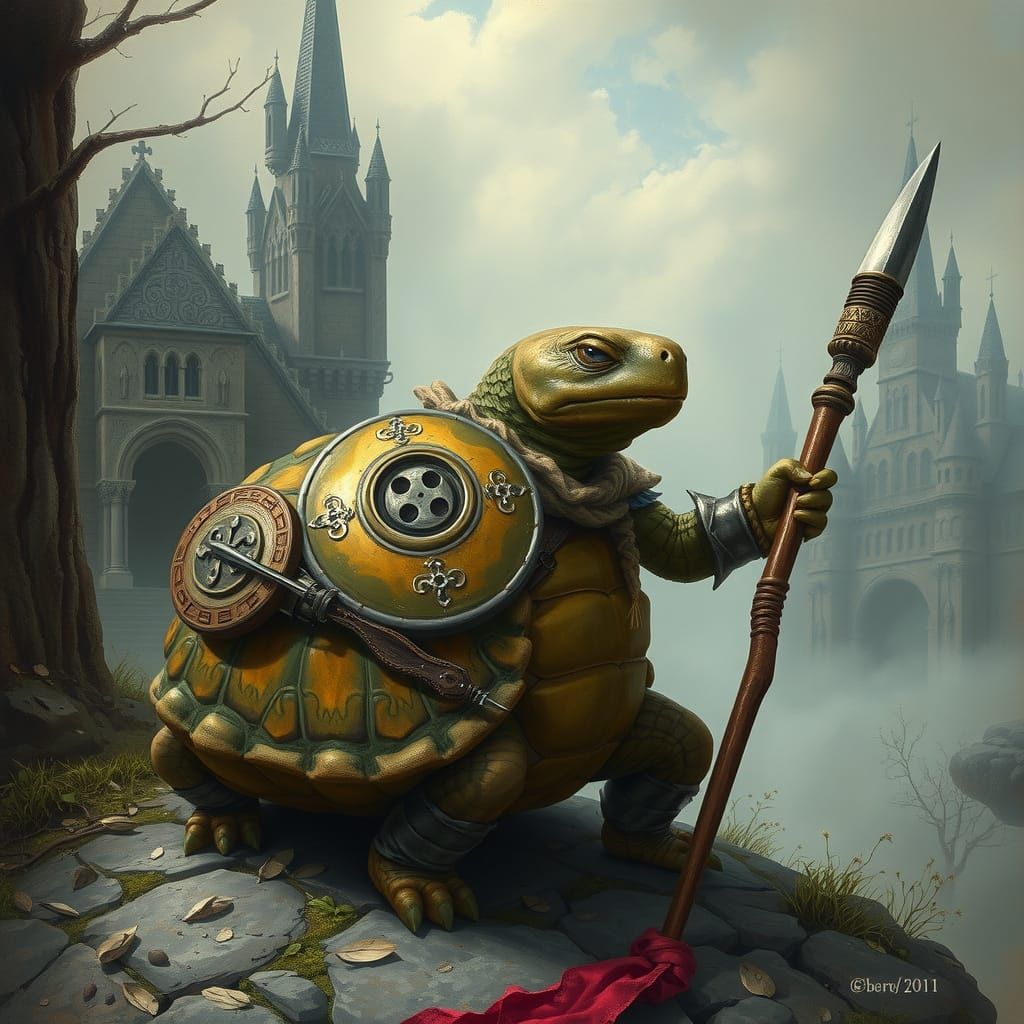 Medieval Tortoise Warrior in Dark Fantasy Landscape