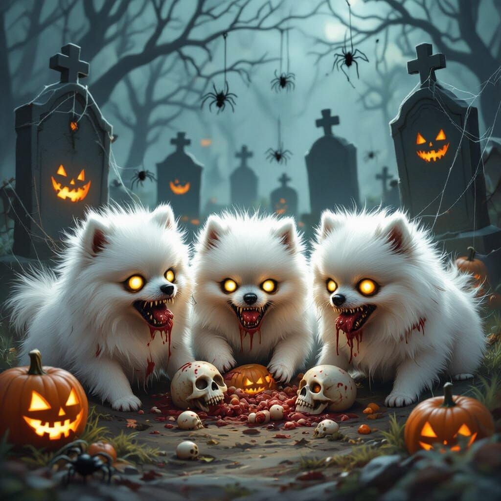 White Pomeranian Zombies in Haunted Cemetery