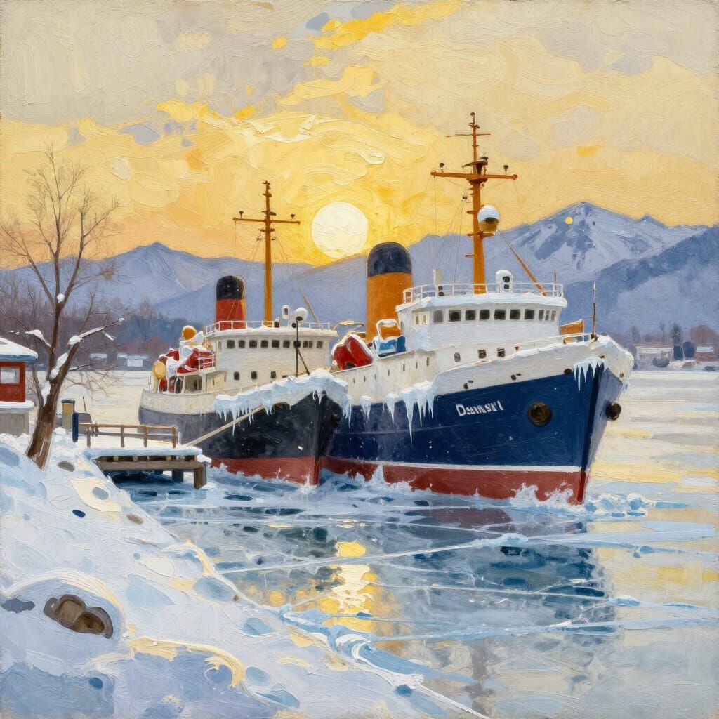 Ships Encased in Ice Near Pier in Golden Hour Gouache