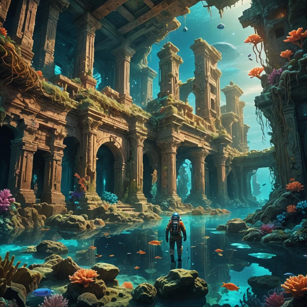 Astronauts Explore Bioluminescent Atlantis Ruins