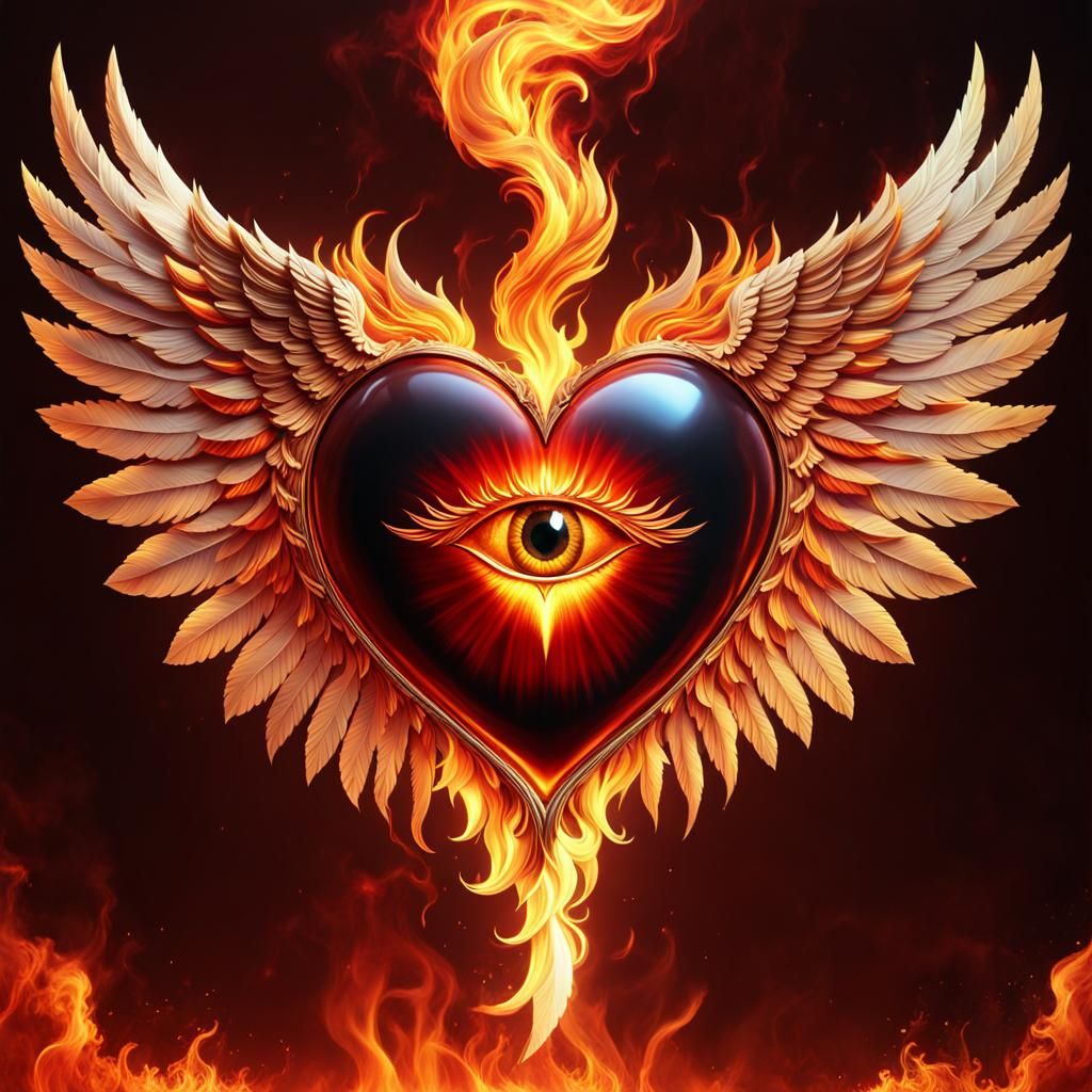Fiery Winged Heart with Glowing Eye in Hyperrealism