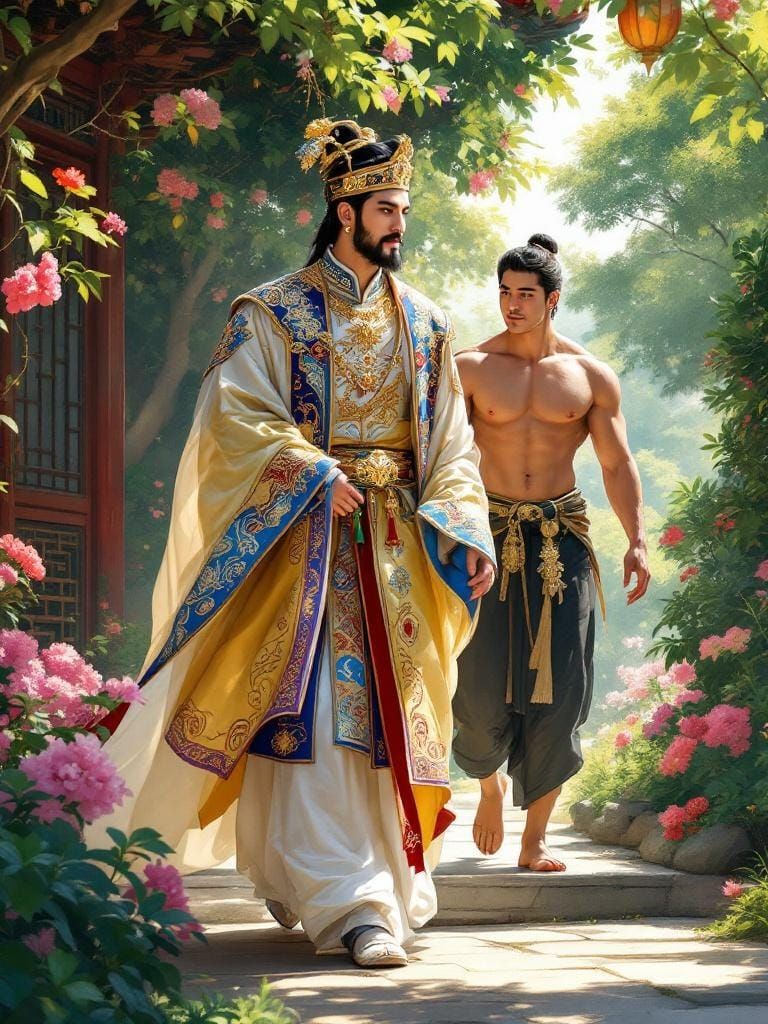 Regal Asian Prince in Lush Palace Garden