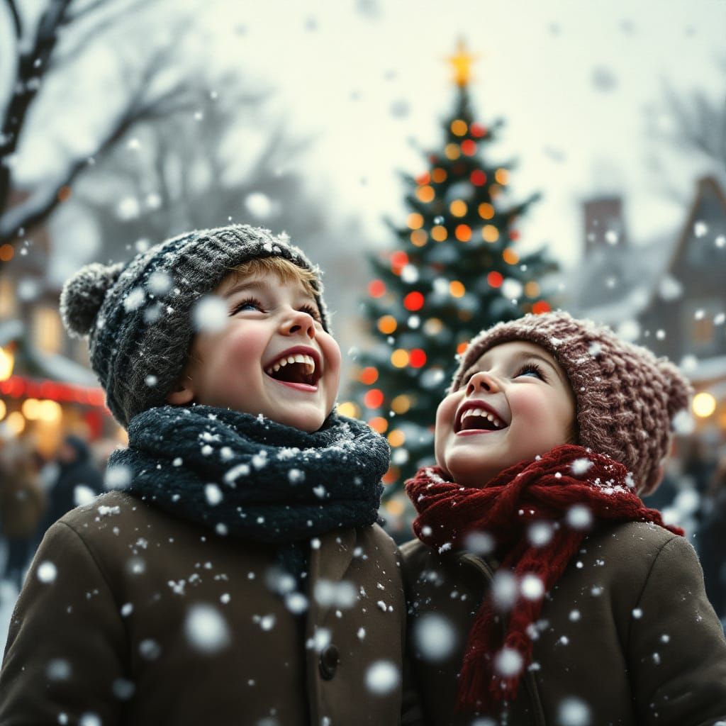 Children Giggle in Snowy 1949 Town Square