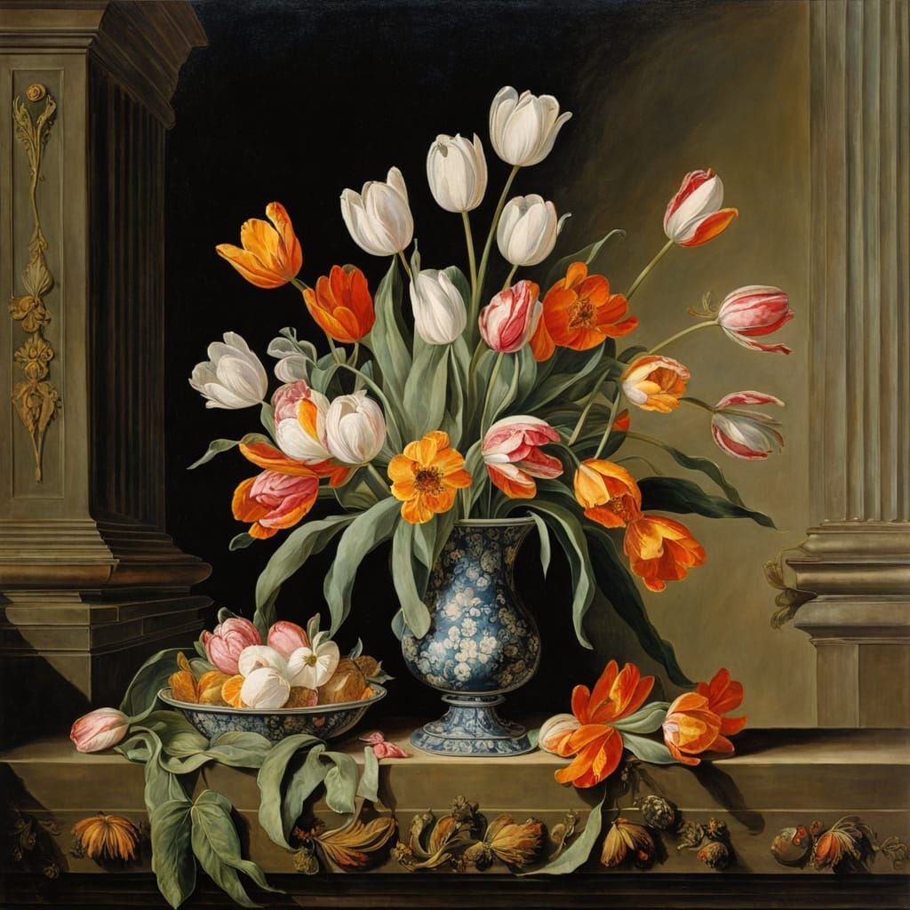 Tulip Bed and Flower Vase at the Foot of a Wall