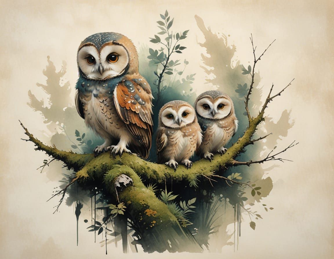 Adorable Owlets on Moss in Ink Wash Style