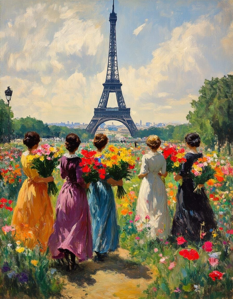 Parisian Women with Flowers, Impasto Oil Painting