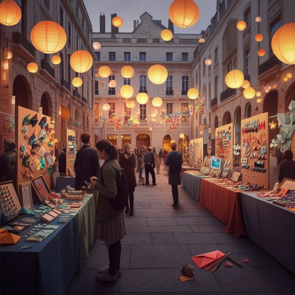 Vibrant Community Gathering with Origami Art