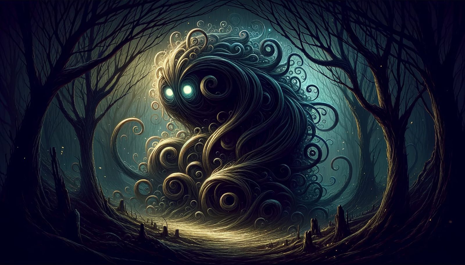 Shadow Beast in Murky Woodland: Fairycore Horror