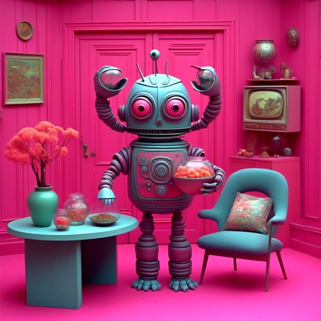 Cute Robot with Fishbowl in Pink Room