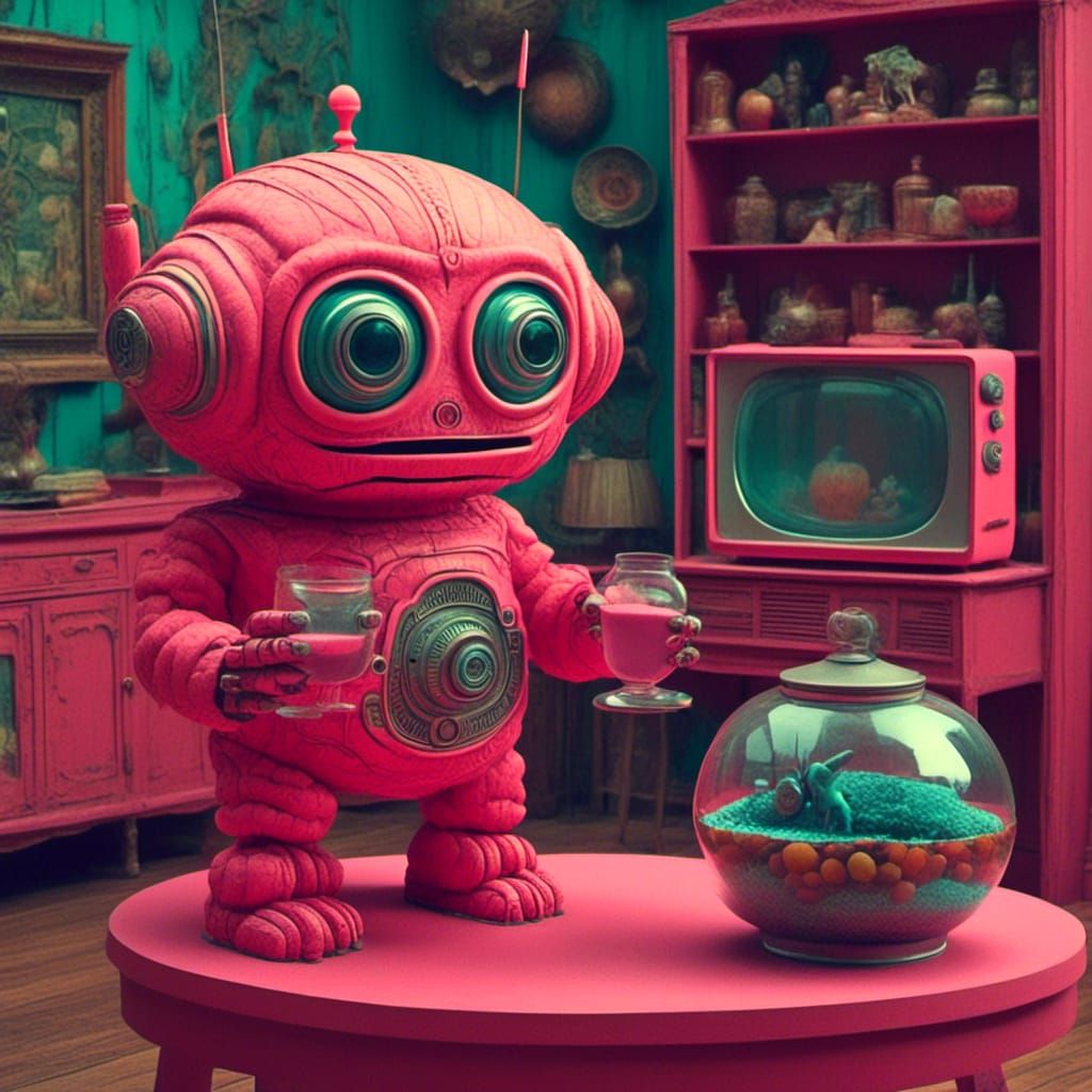 Cute Robot Holding a Fishbowl in Pink