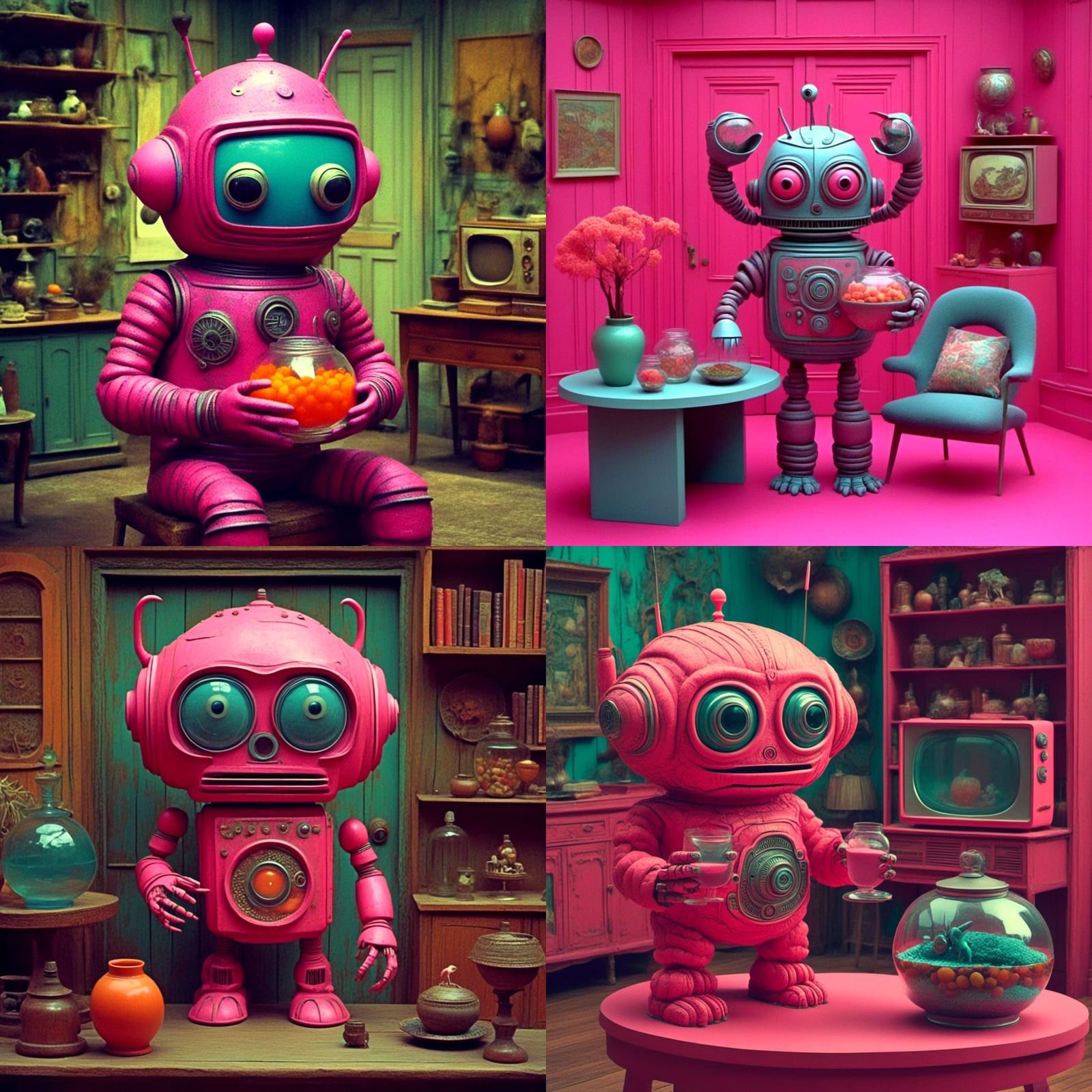 Cute Robot with Fishbowl in Dreamy Style