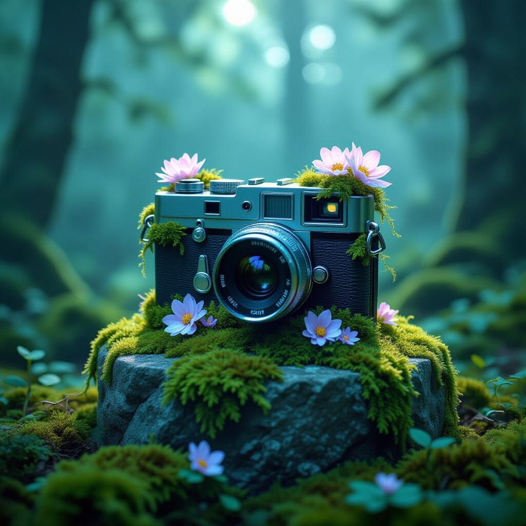 Vintage Camera in Enchanted Forest, Bioluminescent Moss & Cr...