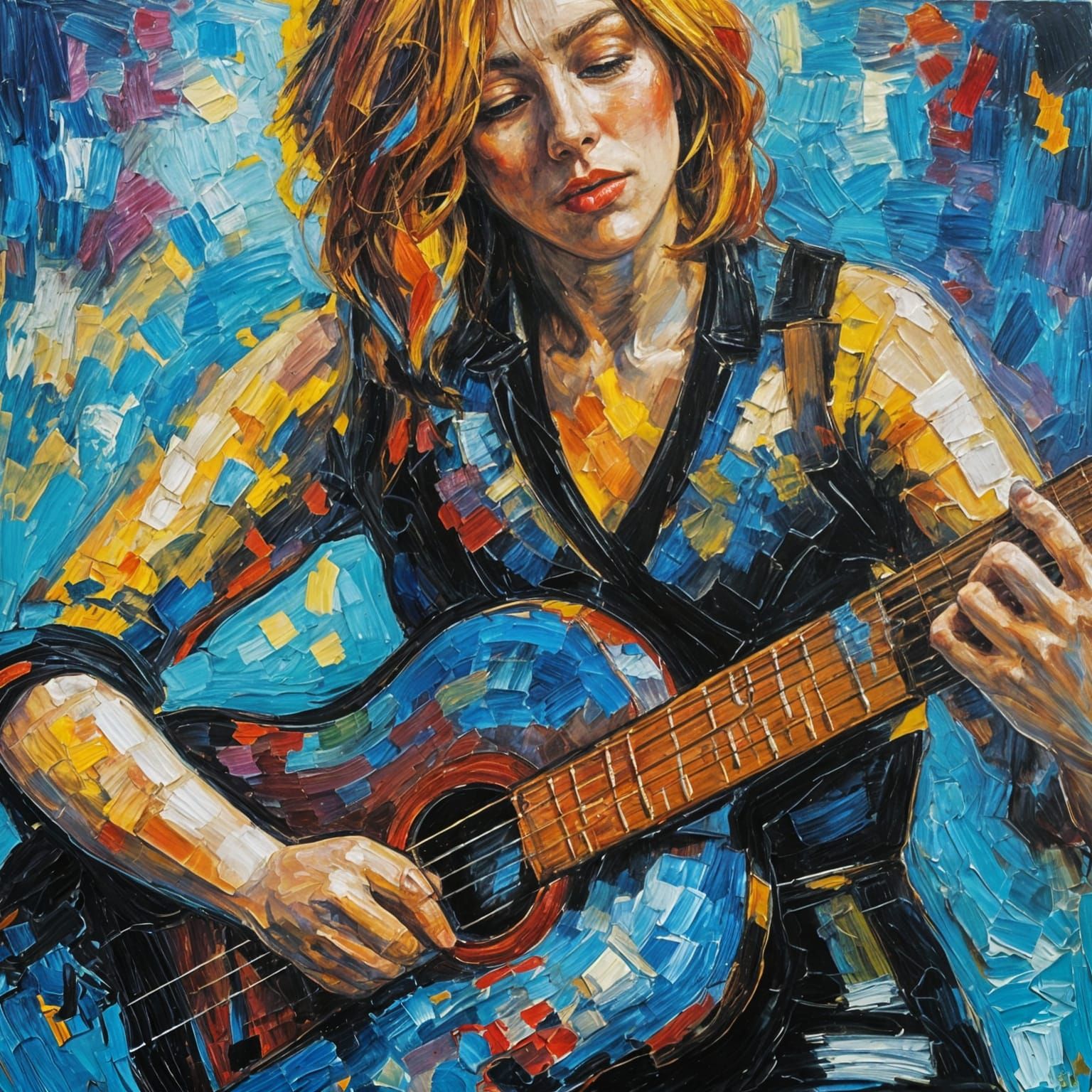 Neo-Impressionist Oil Painting of Guitar Player