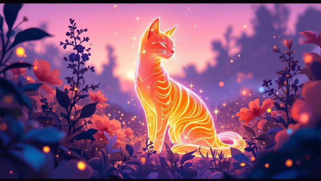 Glowing Feline in Surreal Meadow at Twilight
