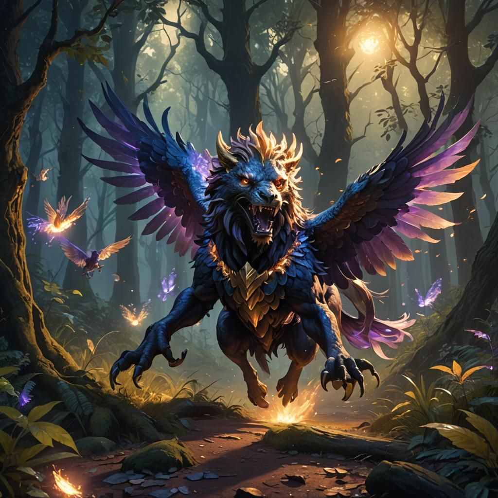 Griffin Chase in Mystical Forest, Fantasy Art