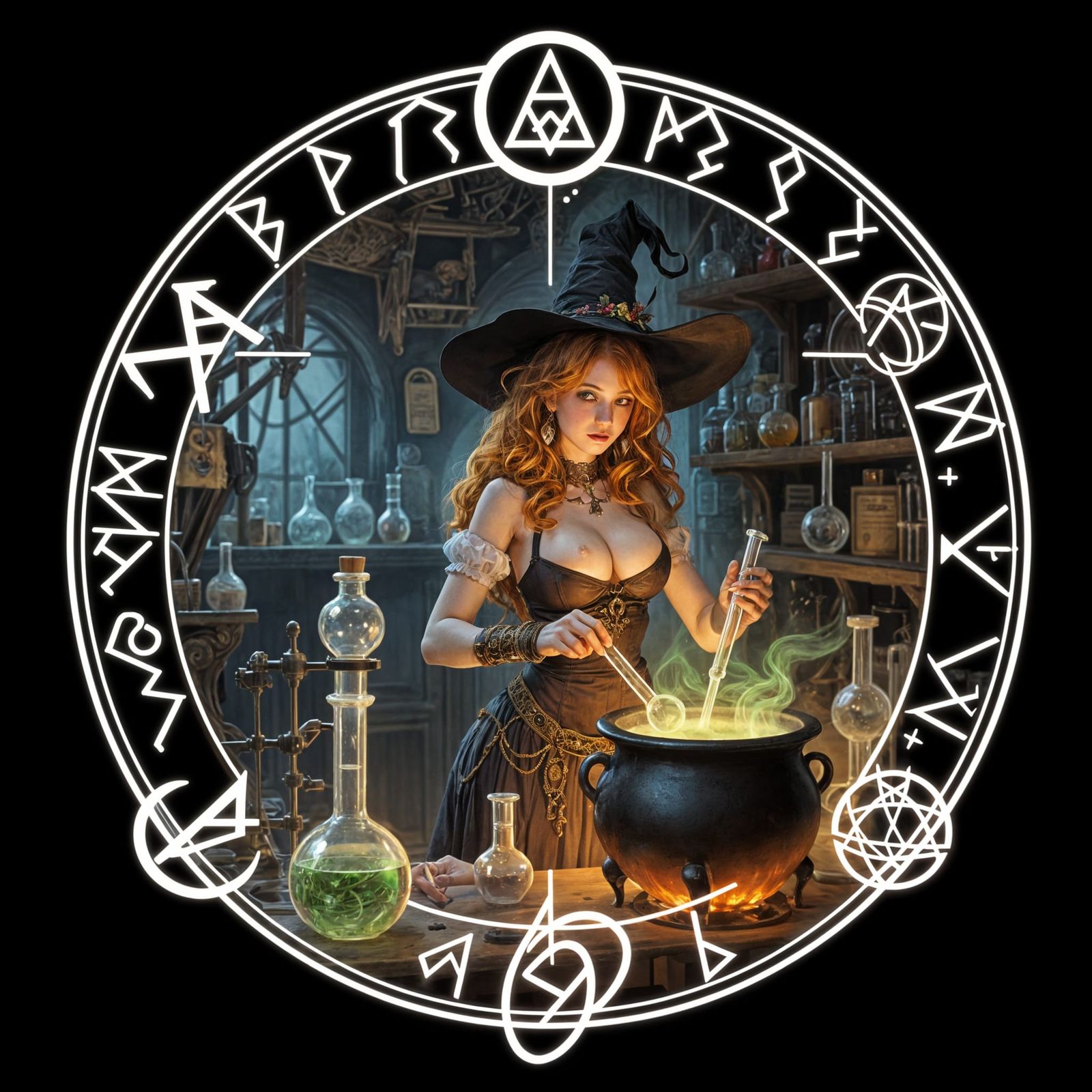 Alchemist Witch Brewing Potion in Cluttered Shop