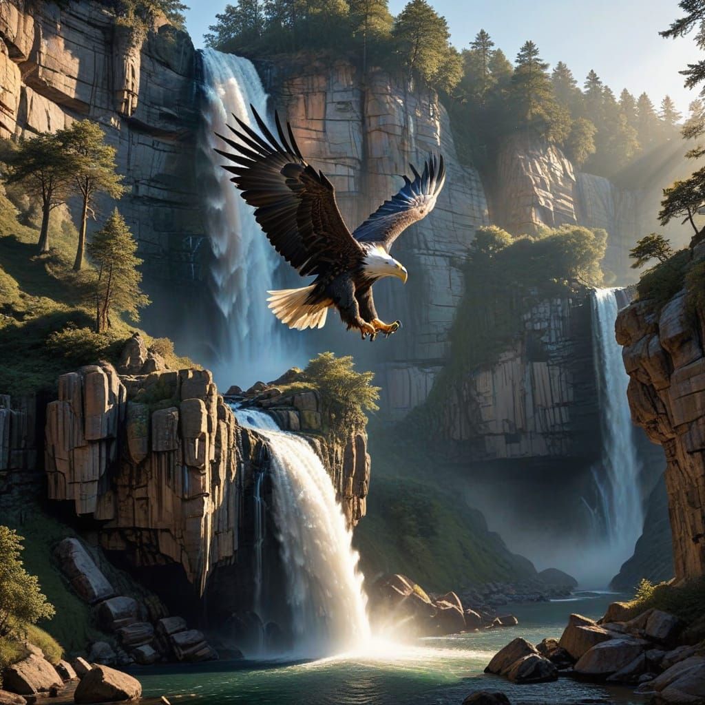 Majestic Castle on Cliff with Eagle and Waterfall