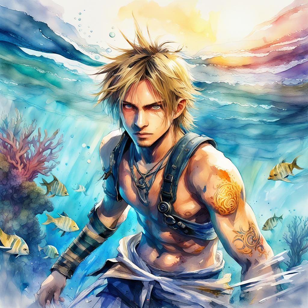 Tidus Swimming Through Vibrant Reef, Digital Watercolor