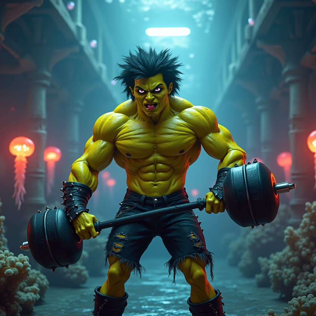 Muscular Spongebob in Underwater Gym: Biomechanical Surreali...