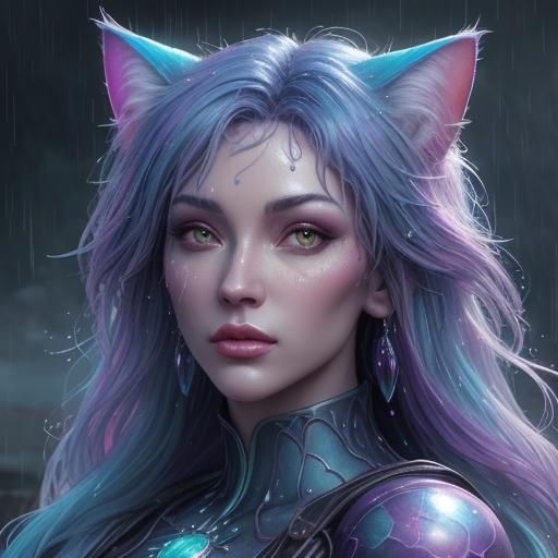 Cute Cat in Rain: Whimsical Fantasy Illustration