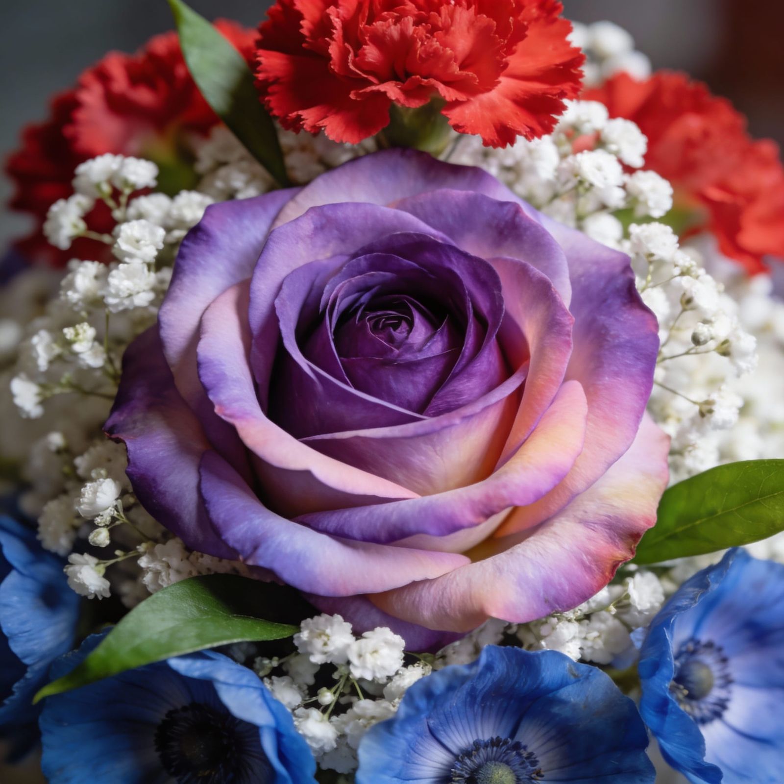 Magnificent Floral Arrangement with Purple Rose and Carnatio...