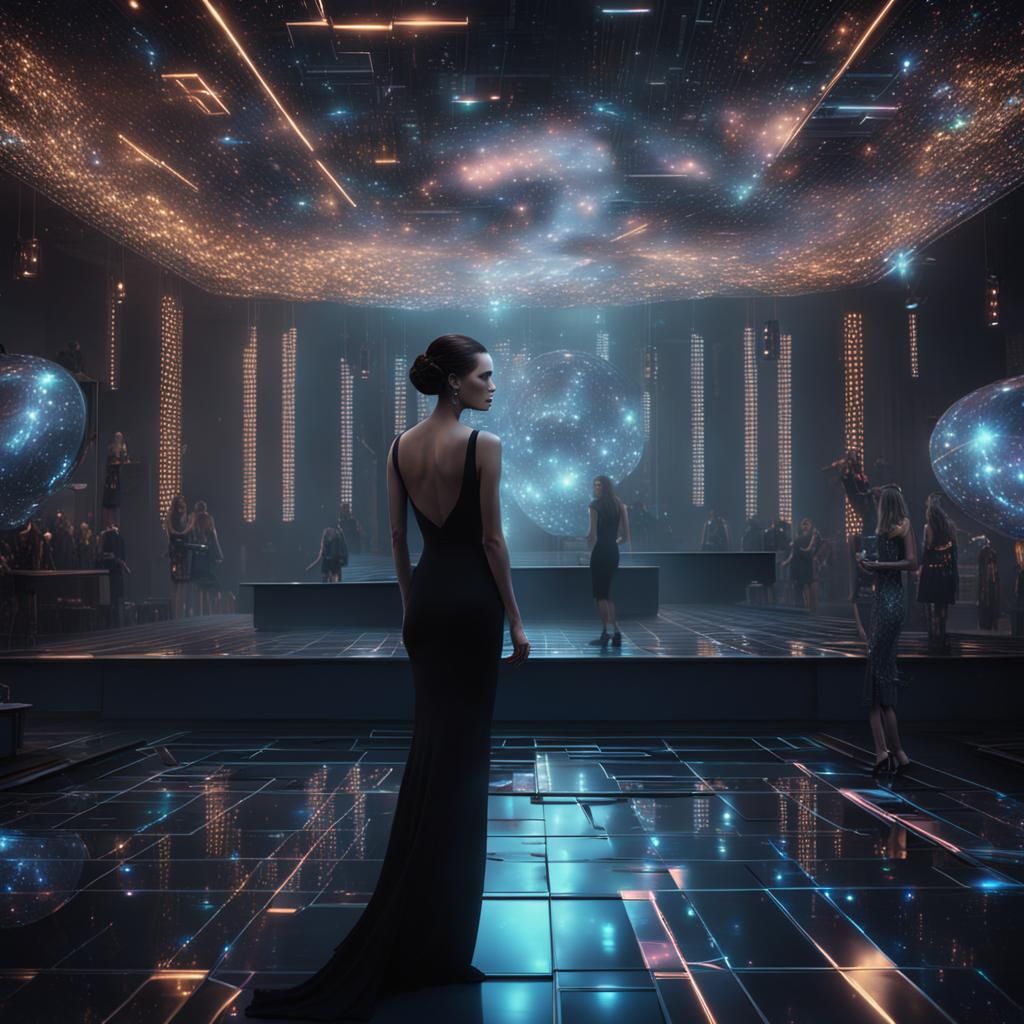 Lonely Woman at Futuristic Disco in Digital Art