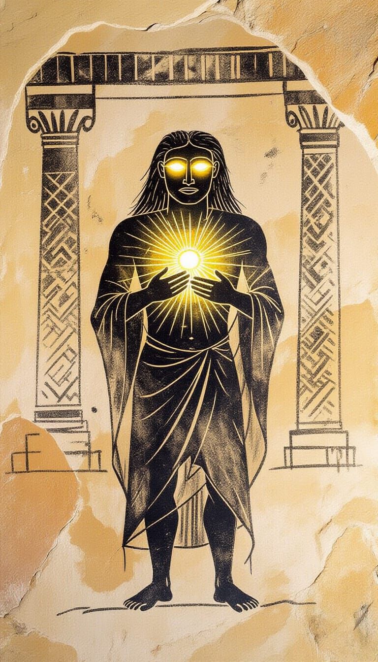 Paleolithic Cave Art of Radiant Figure in Charcoal Style