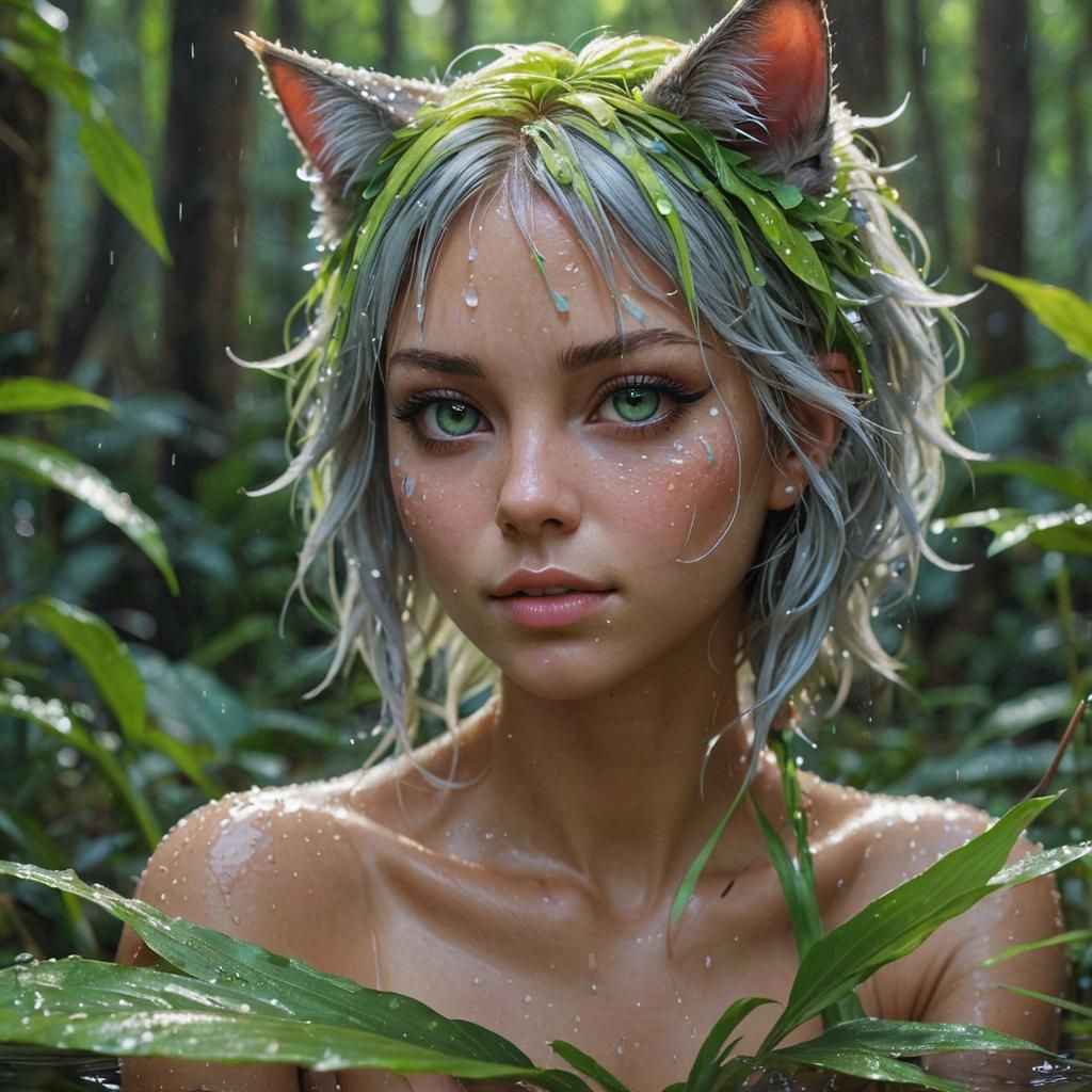 Neon Catgirl on Leaf in Forest: Hyper-Realistic Digital Art