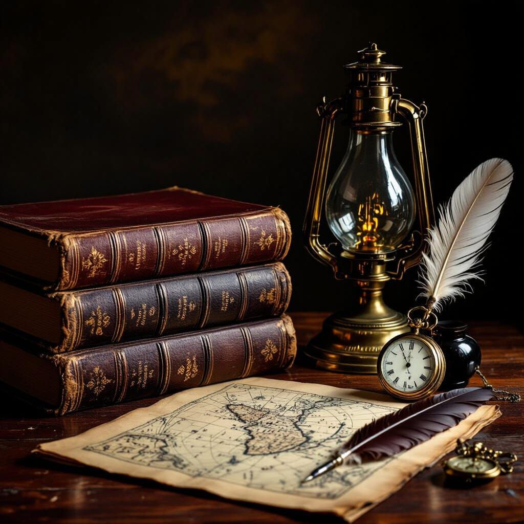Antique Books and Oil Lamp in Rembrandt Style
