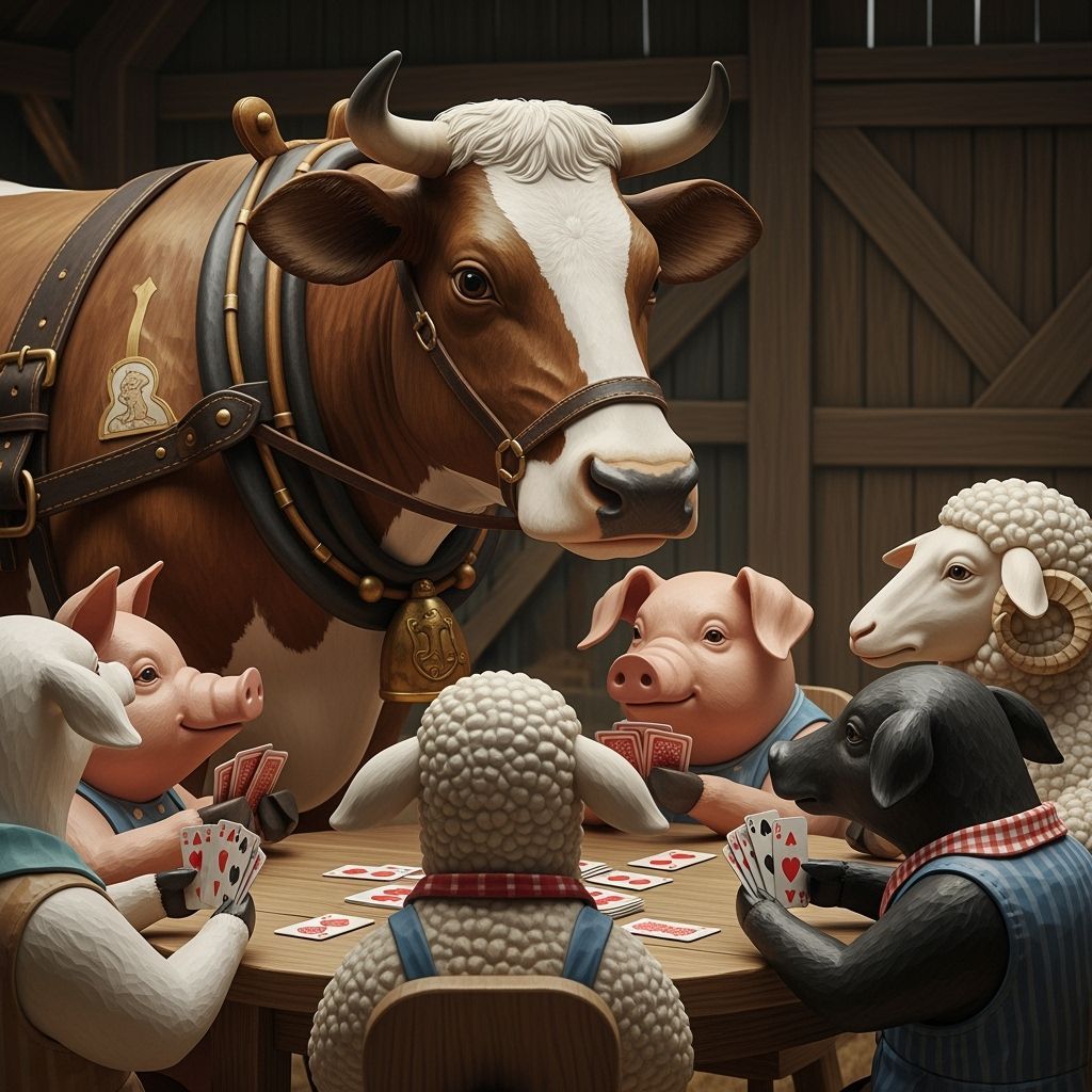 Concentrating Wooden Cow in Folk Art Style