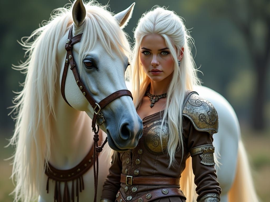 Regal Female Ranger with Stallion: Fantasy Art