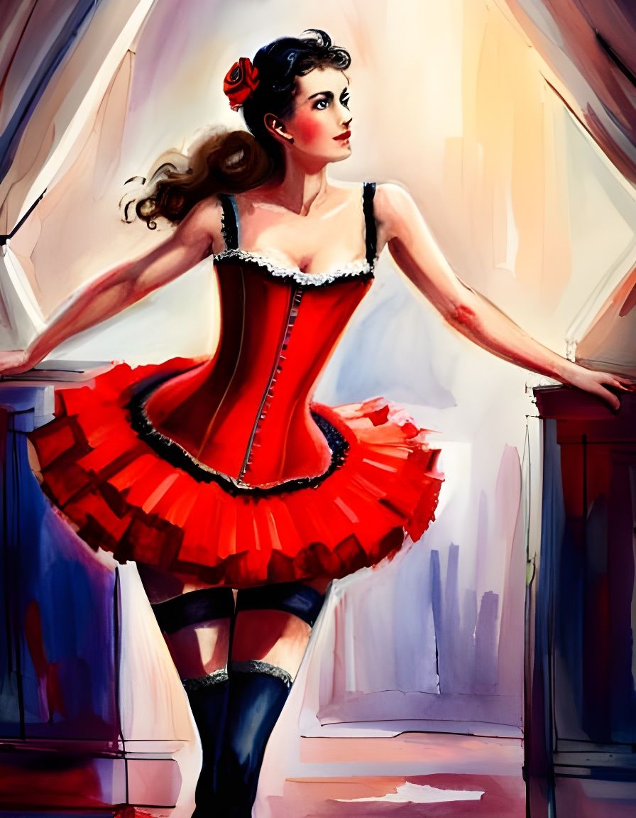 Beautiful Cancan Dancer in Action, Watercolor Style