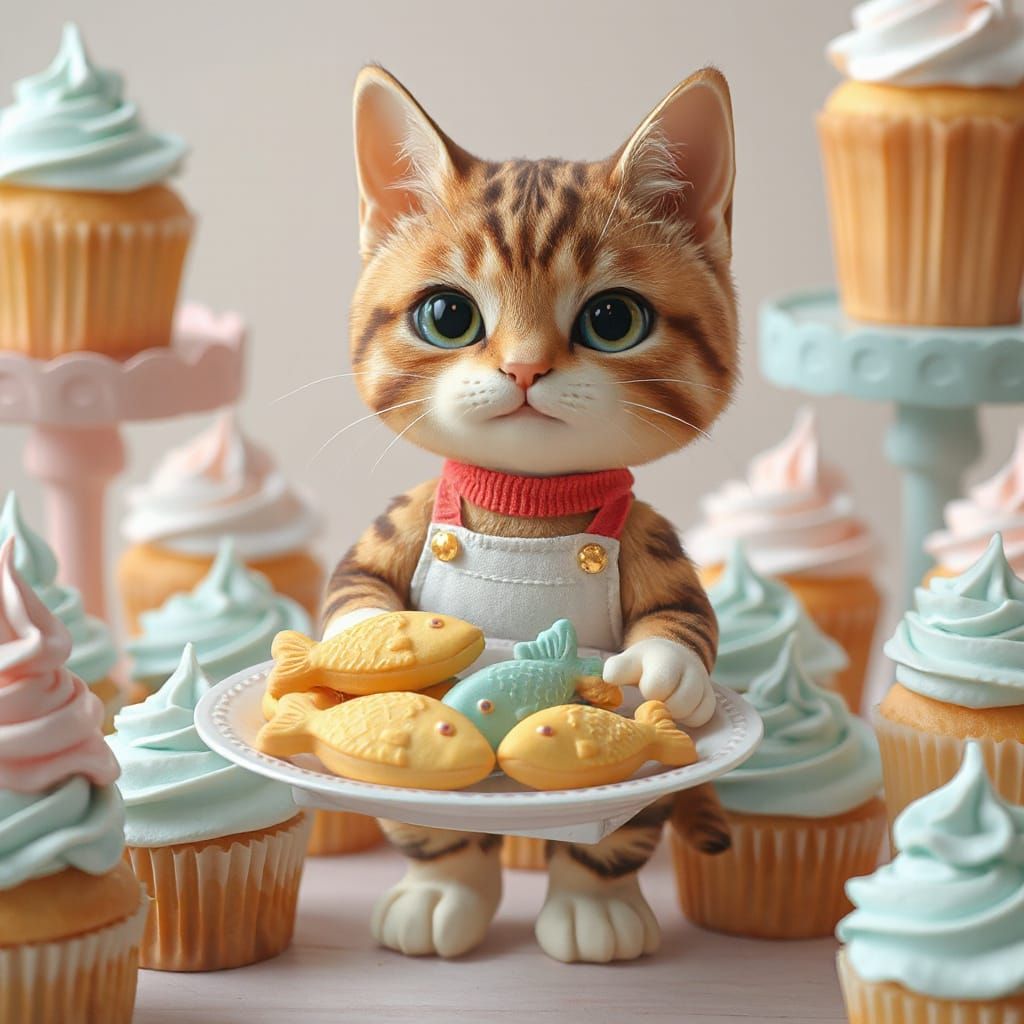 Happy Tabby Cat Serving Fish Cookies in Anime Style