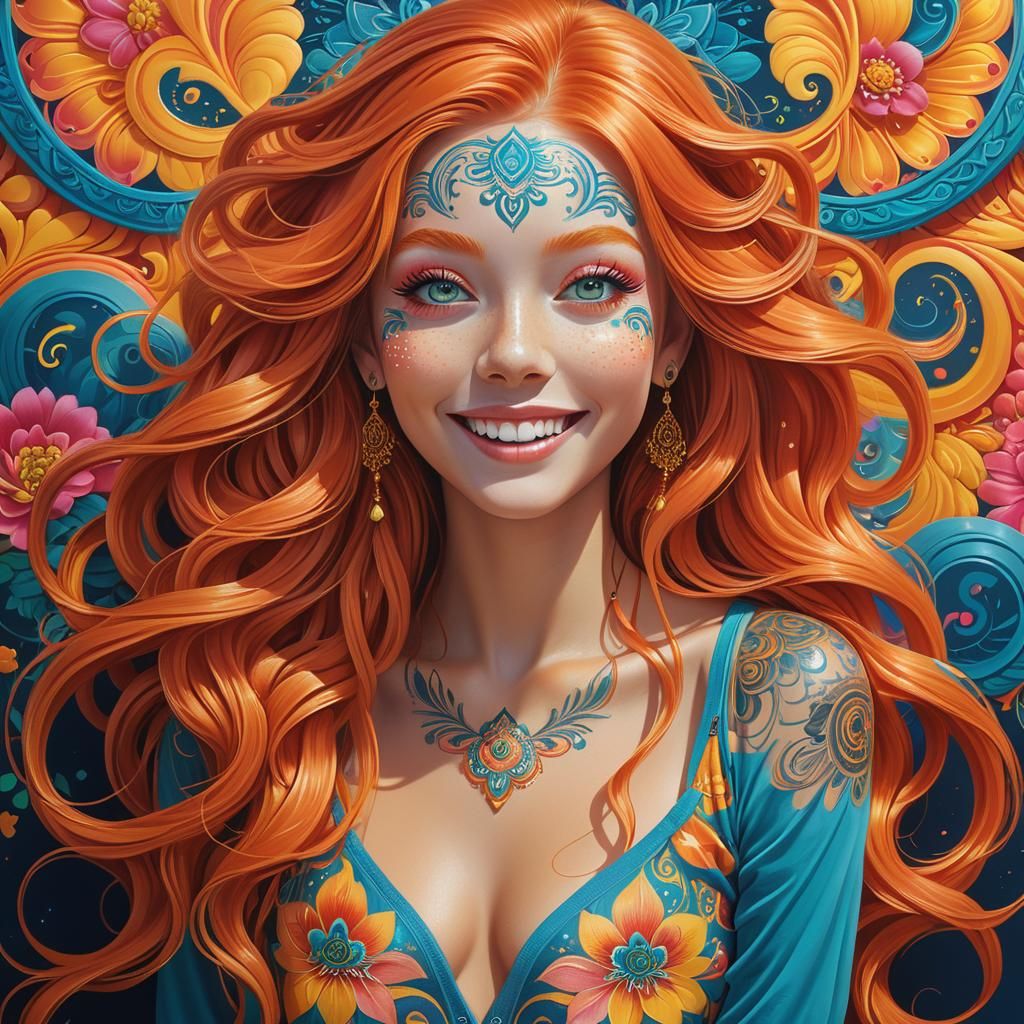 Happy Ginger Woman with Chalk Mandala, Digital Art