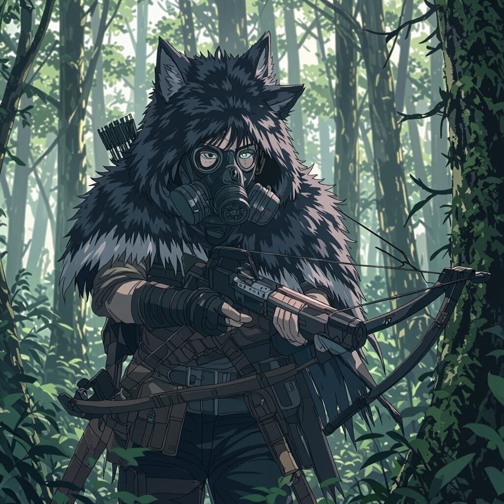 Post-Apocalyptic Hunter in Berserk Anime Style Forest