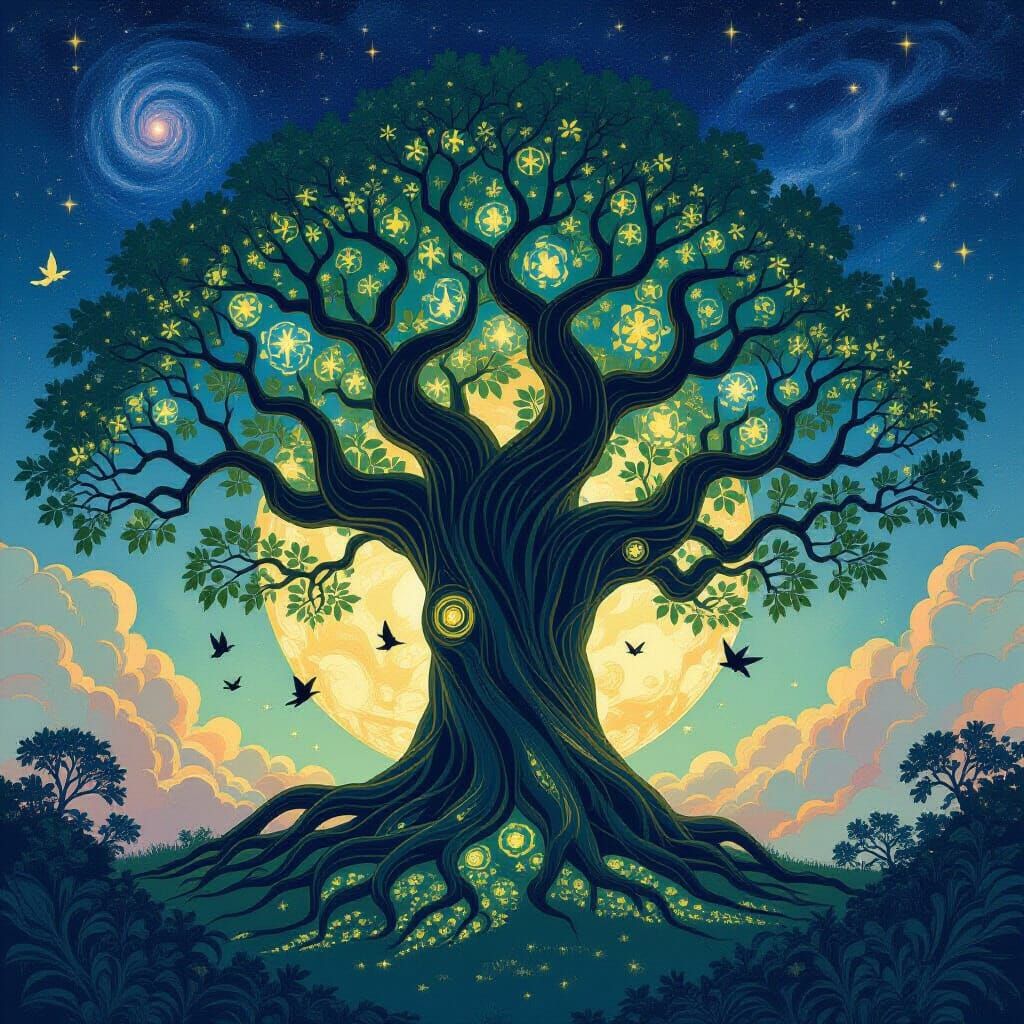 Celestial Tree with Glowing Roots in Art Nouveau Style