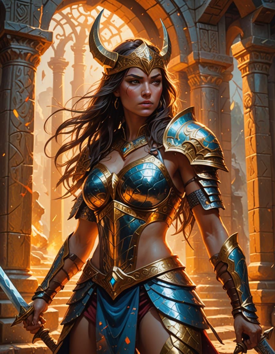 Magical Warrior in Ancient Temple: Fantasy Art