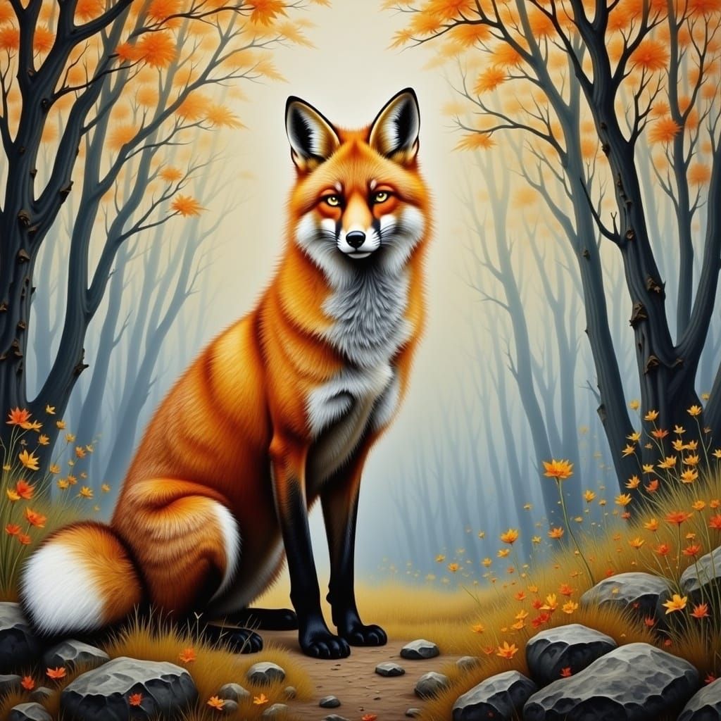 Majestic Fox in Autumn Forest: Impressionistic Style