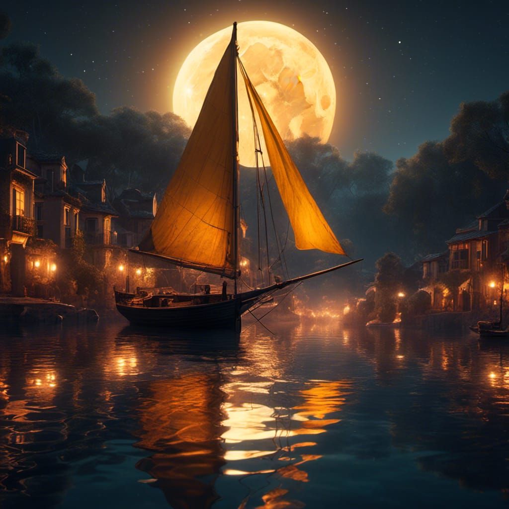 Moonlit Sailboat on Spanish River: Fantasy Art