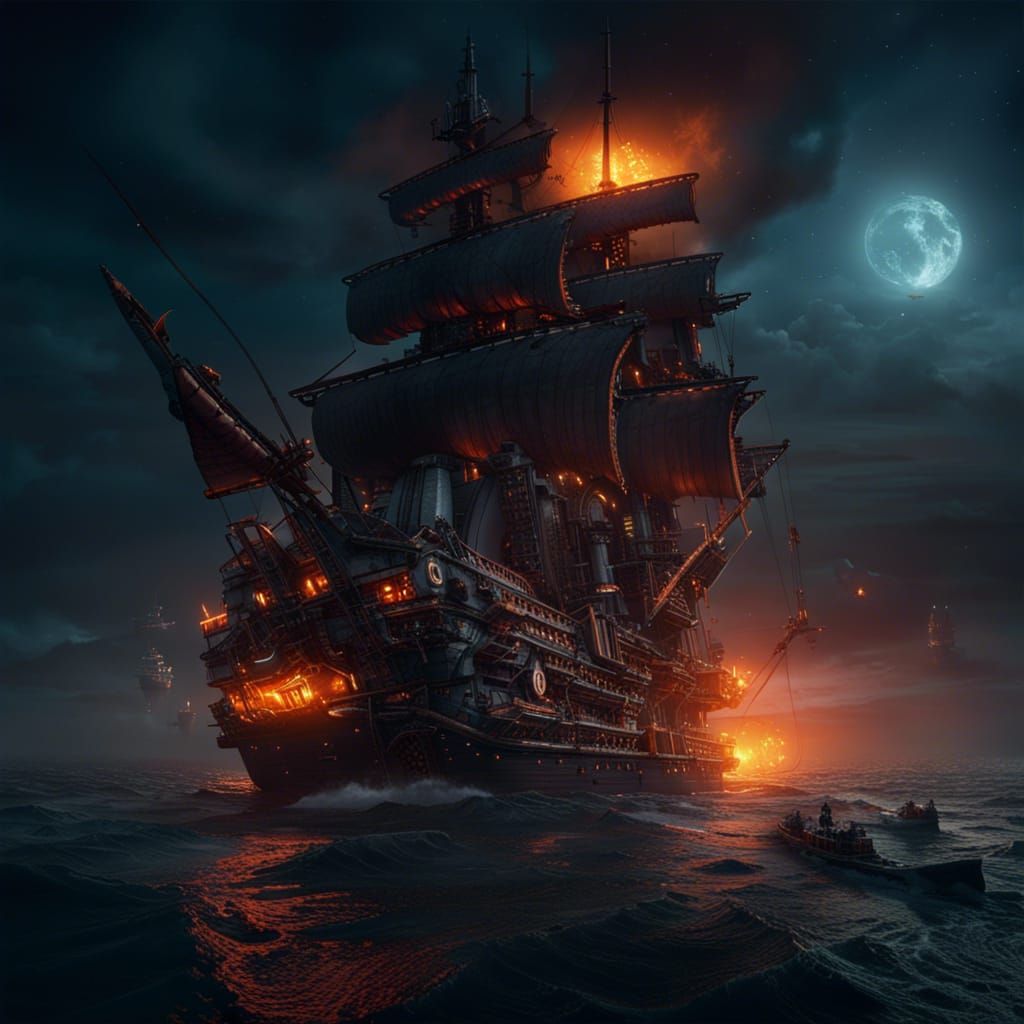 Dreadnought Ablaze: Detailed Matte Painting at Sea