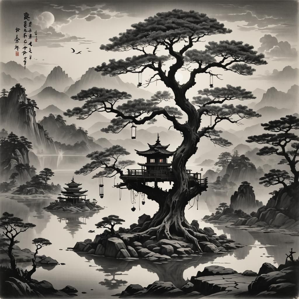 Bonsai Tree Island in Ink Wash Painting Style