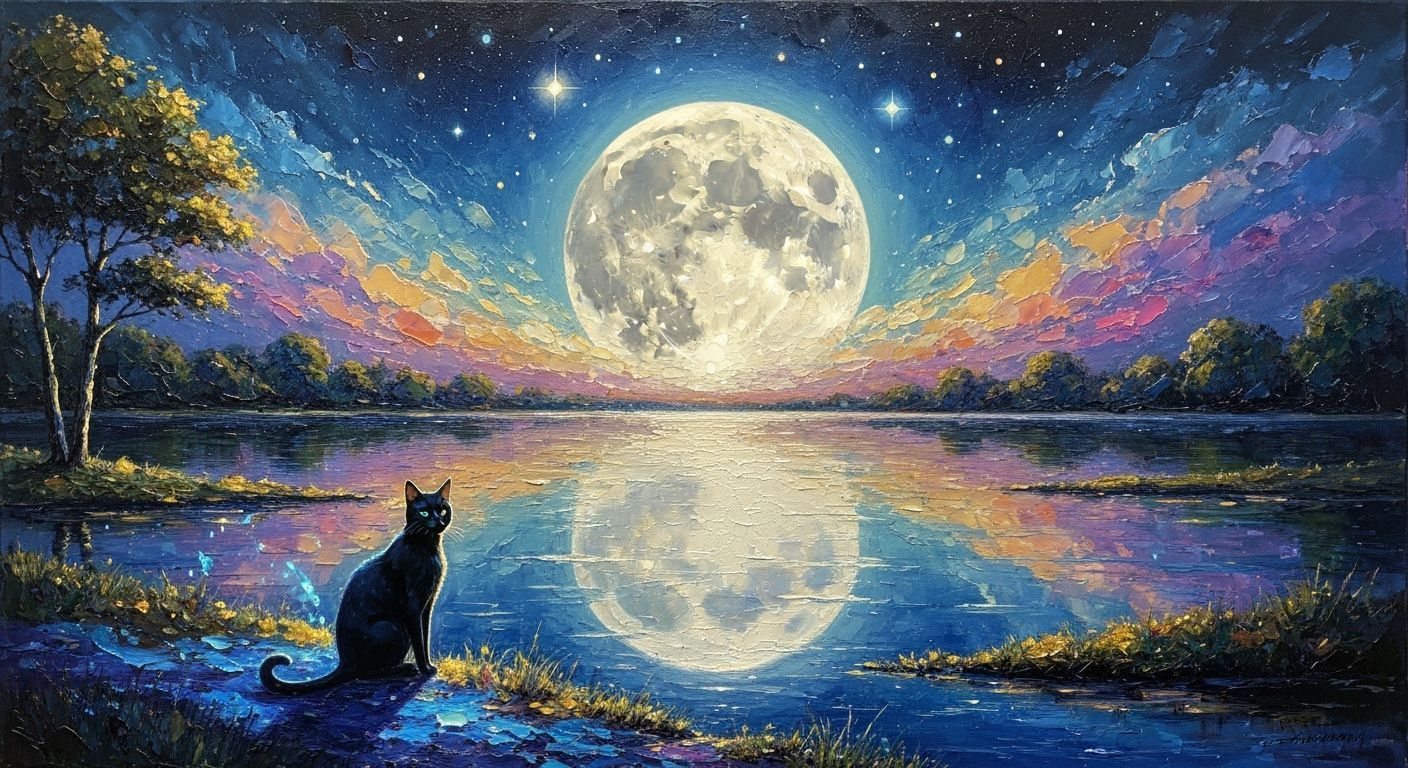 Dreamscape Moonlit Lake Reflection with Black Cat