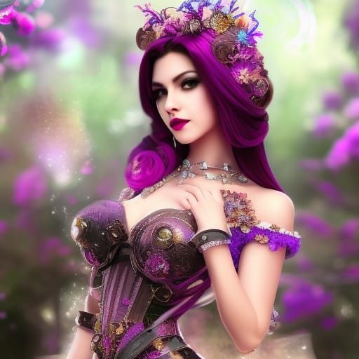 Steampunk Girl with Purple Hair in Neon City