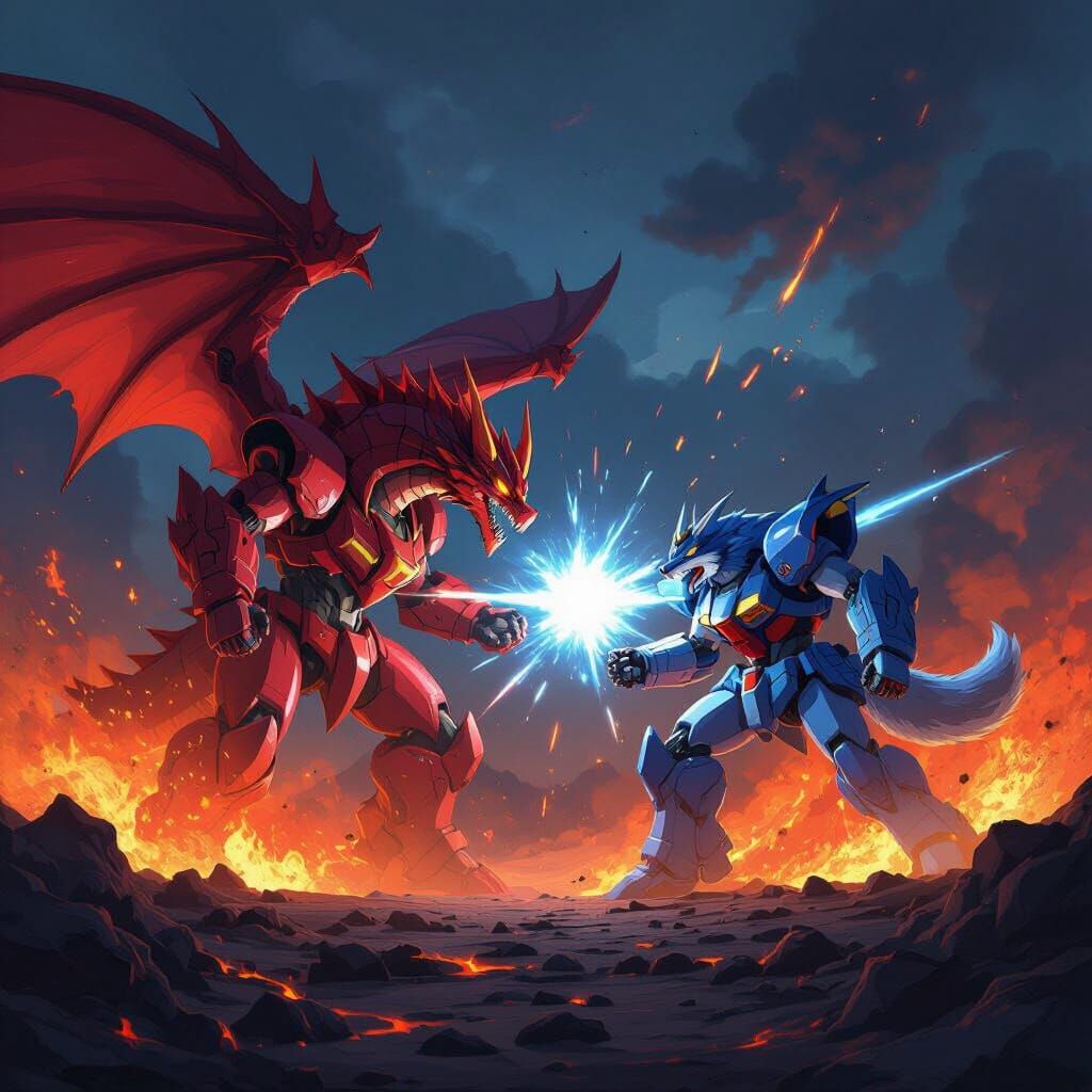 Dragon Mech vs Wolf Mech in Volcanic Battle
