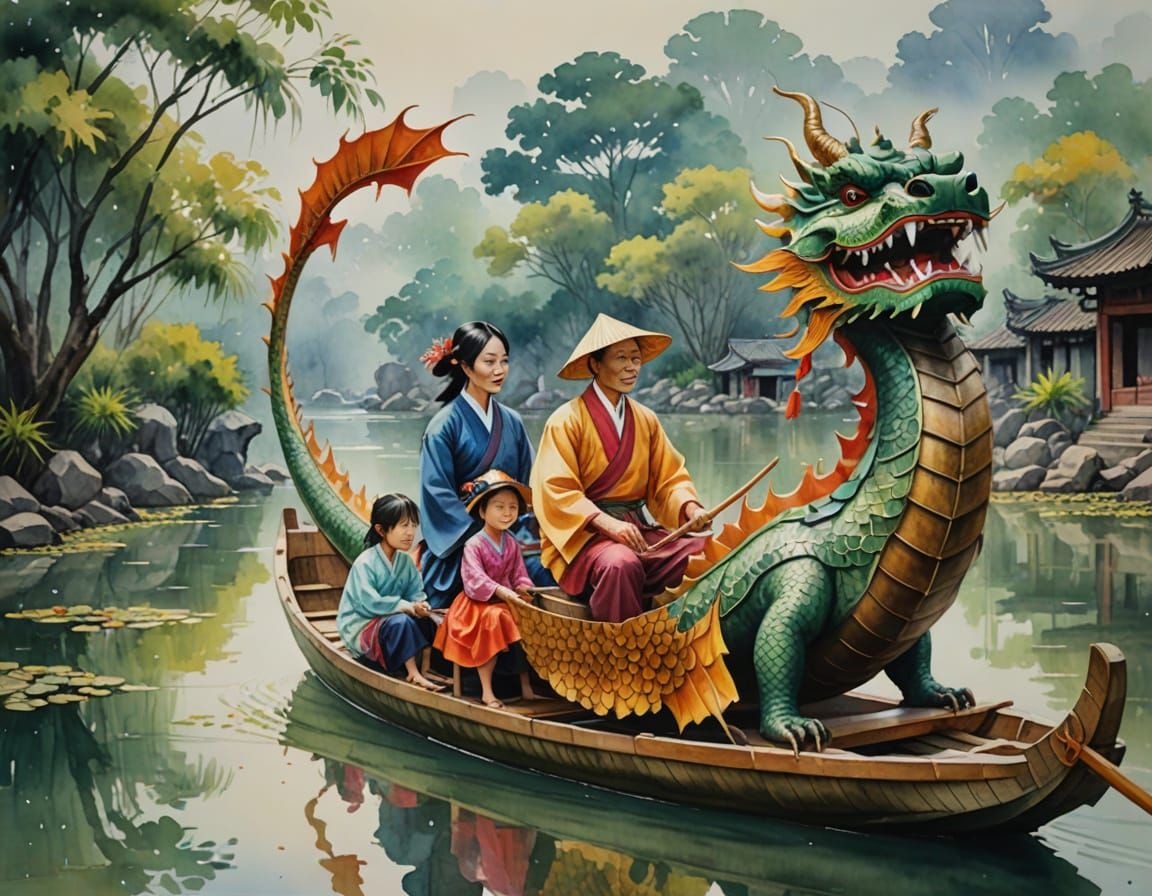 Traditional Vietnamese Watercolor Painting of a Dragon Boat