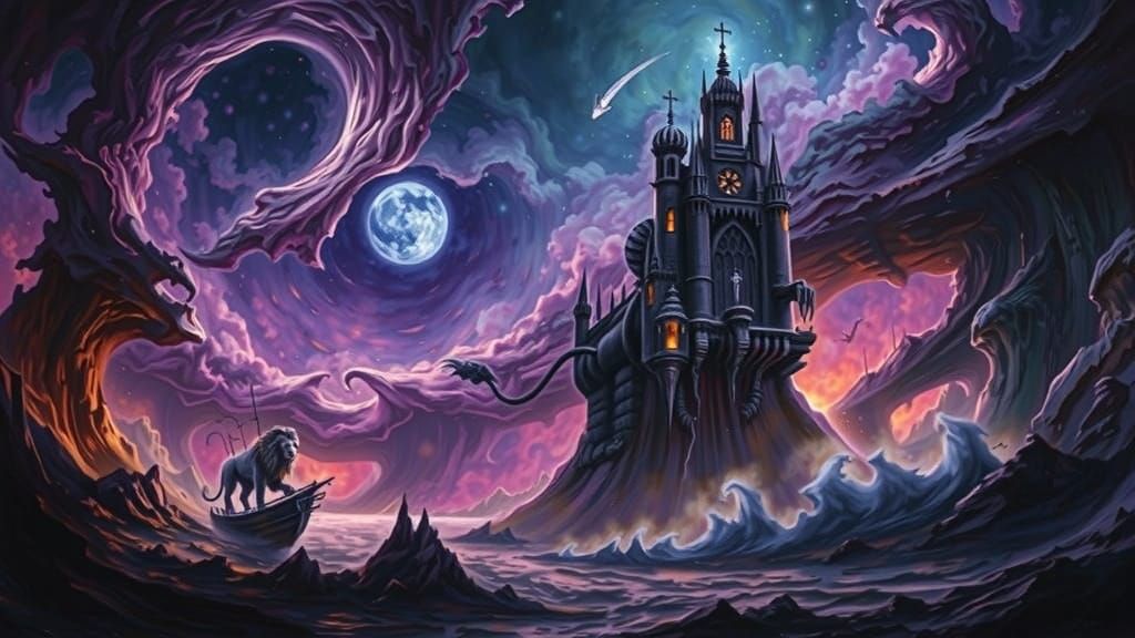 Fiery Lion Overlooking Volcanic Landscape as Oil Painting