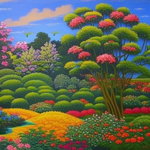 Colorful Garden Scene with Flowers and Greenery