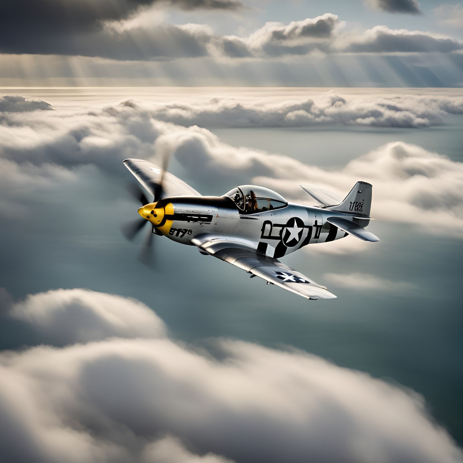 North-American P51 Mustang flying high over the ocean
