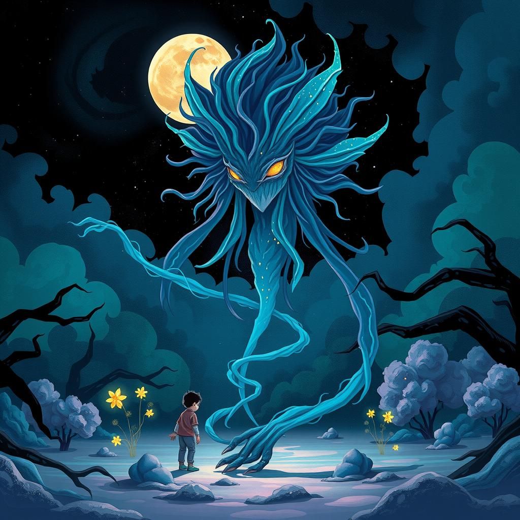 Enchanted Realm: Hand-Painted Scene with Towering Creature